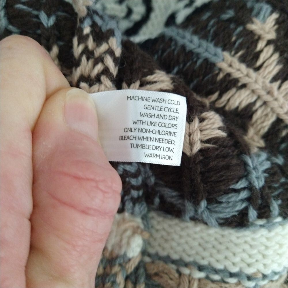 Old Navy Knit Cardigan Tan Black Aztec Southwest Cotton Lambs Wool Blend Chunky - Picture 10 of 10
